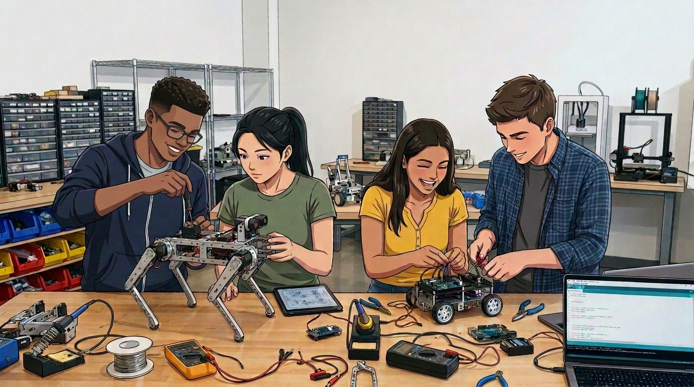 Students building mobile robots together in a hands-on robotics workshop