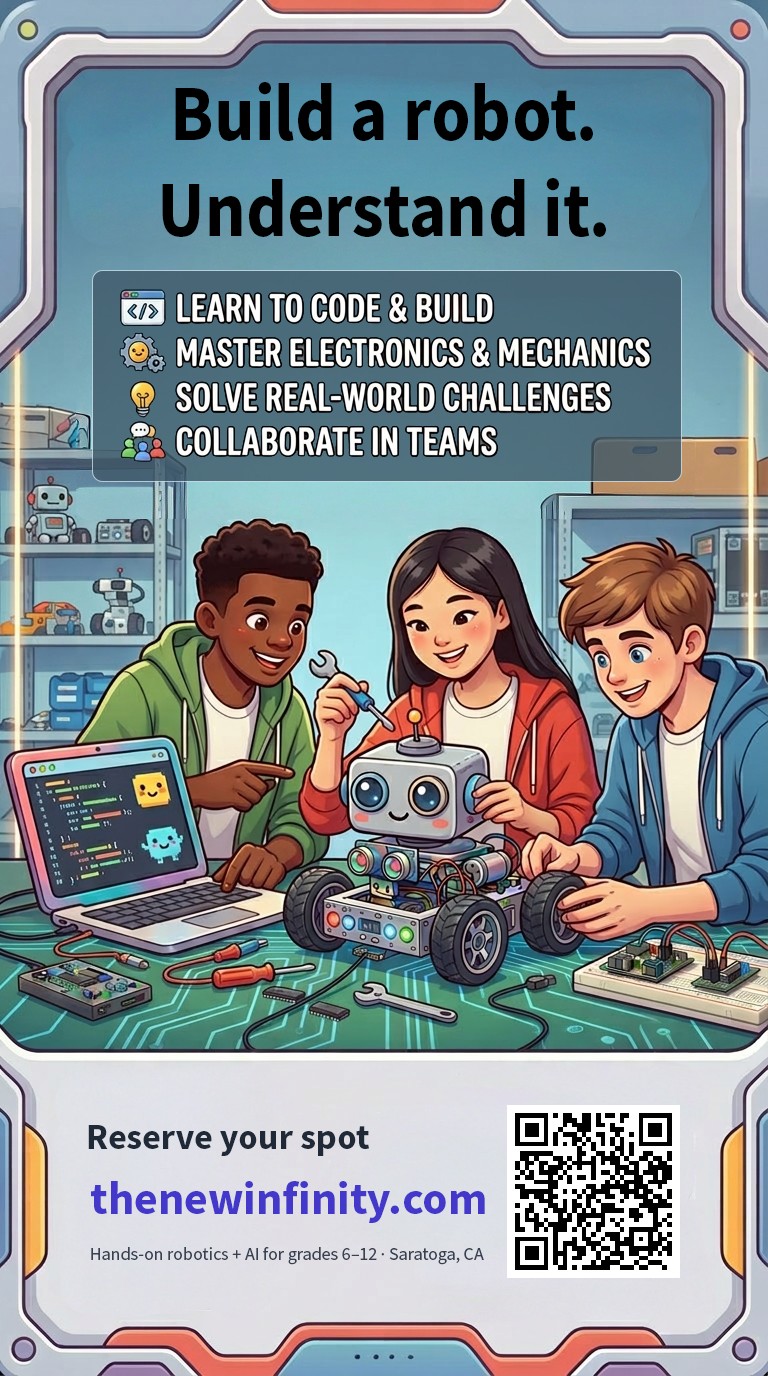 The New Infinity poster: Build a robot. Understand it. Reserve your spot at thenewinfinity.com. Hands-on robotics and AI for grades 6–12 in Saratoga, CA.